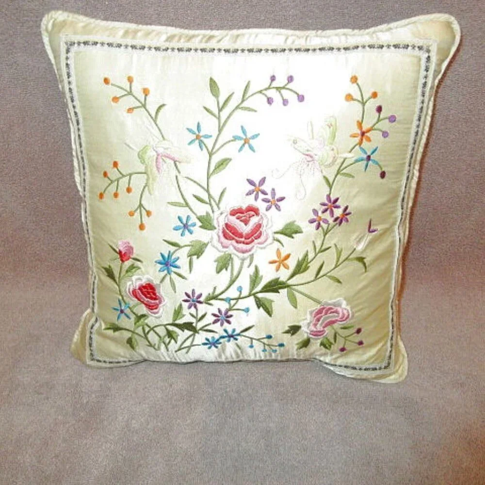 Vtg Floral Embroidered Satin Throw Pillow Cottagecore Boudoir Regency Old Money